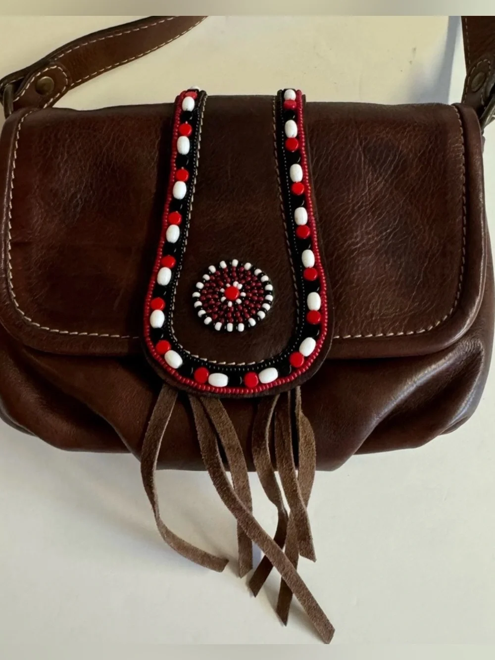 Pikolinos Boho Beaded Brown Leather Crossbody With Red/White/Black Beading